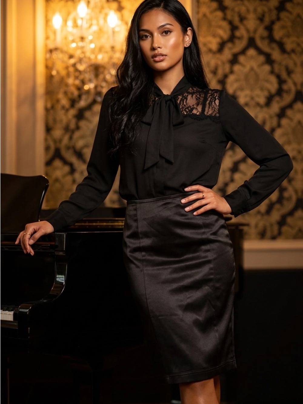 Tadashi Shoji Black Satin Pencil Skirt